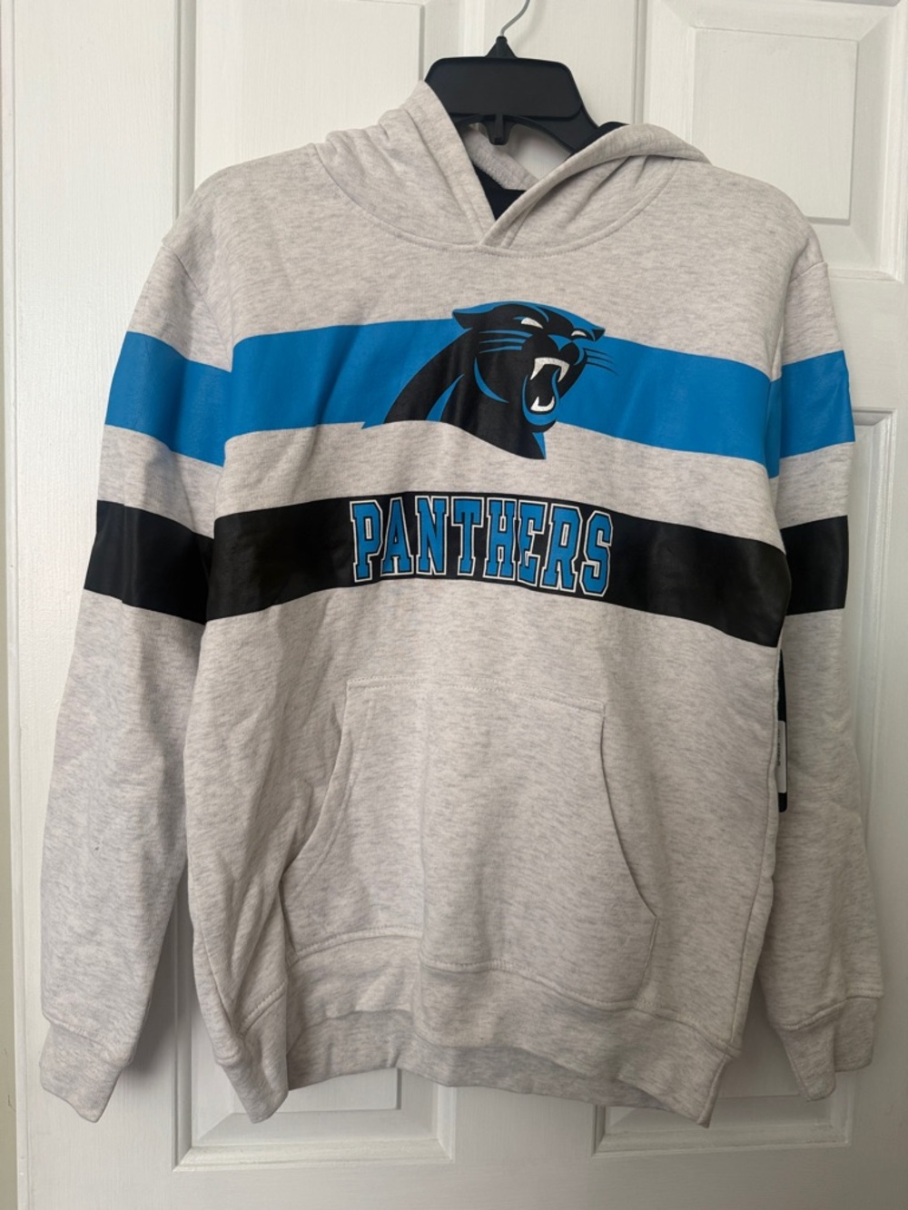 Gray Carolina Panthers Pullover Hoodie with Blue & Black Stripes